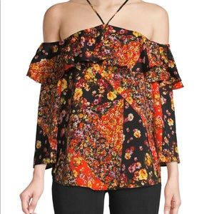 Ava & Aiden cold shoulder floral ruffle blouse